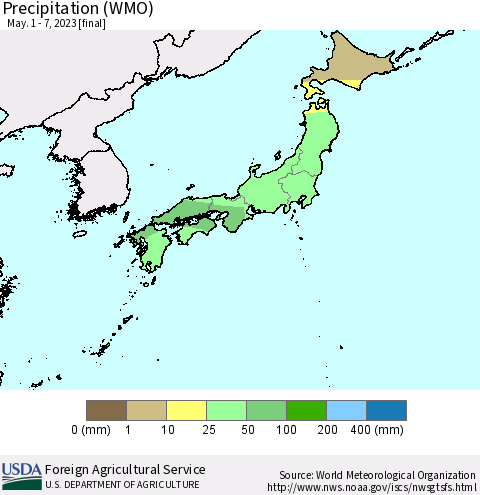 Japan Precipitation (WMO) Thematic Map For 5/1/2023 - 5/7/2023