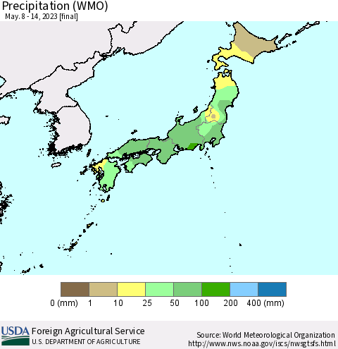 Japan Precipitation (WMO) Thematic Map For 5/8/2023 - 5/14/2023