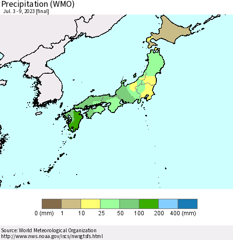 Japan Precipitation (WMO) Thematic Map For 7/3/2023 - 7/9/2023