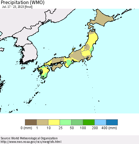 Japan Precipitation (WMO) Thematic Map For 7/17/2023 - 7/23/2023