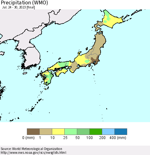 Japan Precipitation (WMO) Thematic Map For 7/24/2023 - 7/30/2023