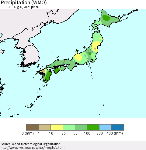 Japan Precipitation (WMO) Thematic Map For 7/31/2023 - 8/6/2023