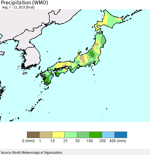 Japan Precipitation (WMO) Thematic Map For 8/7/2023 - 8/13/2023