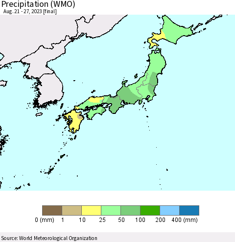 Japan Precipitation (WMO) Thematic Map For 8/21/2023 - 8/27/2023