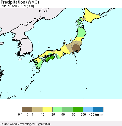 Japan Precipitation (WMO) Thematic Map For 8/28/2023 - 9/3/2023
