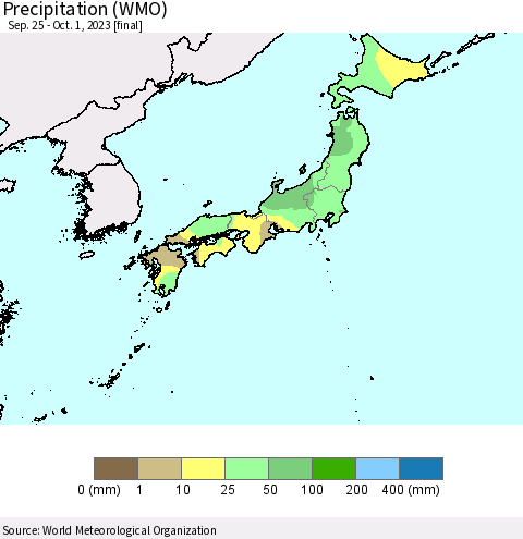 Japan Precipitation (WMO) Thematic Map For 9/25/2023 - 10/1/2023
