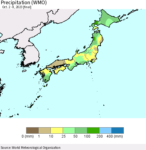 Japan Precipitation (WMO) Thematic Map For 10/2/2023 - 10/8/2023