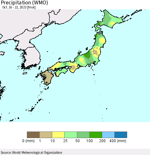 Japan Precipitation (WMO) Thematic Map For 10/16/2023 - 10/22/2023