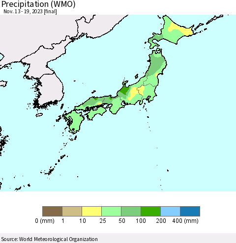 Japan Precipitation (WMO) Thematic Map For 11/13/2023 - 11/19/2023