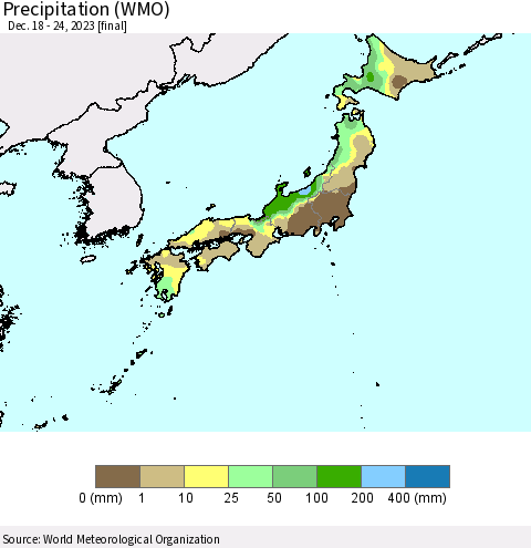 Japan Precipitation (WMO) Thematic Map For 12/18/2023 - 12/24/2023