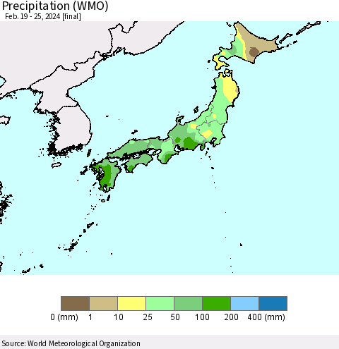 Japan Precipitation (WMO) Thematic Map For 2/19/2024 - 2/25/2024