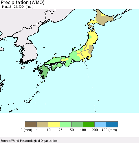 Japan Precipitation (WMO) Thematic Map For 3/18/2024 - 3/24/2024