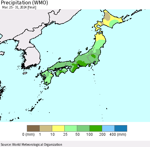 Japan Precipitation (WMO) Thematic Map For 3/25/2024 - 3/31/2024