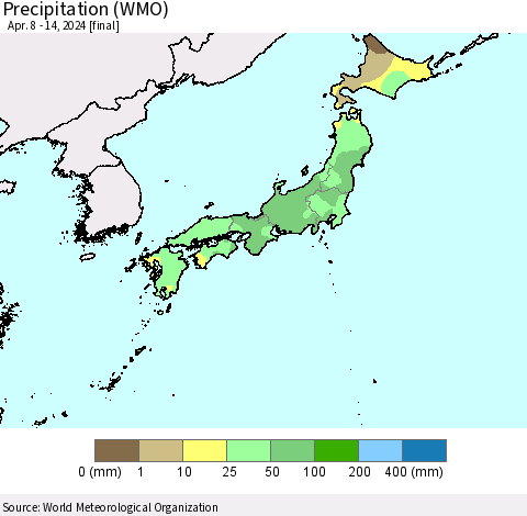Japan Precipitation (WMO) Thematic Map For 4/8/2024 - 4/14/2024