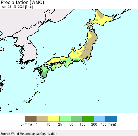 Japan Precipitation (WMO) Thematic Map For 4/15/2024 - 4/21/2024