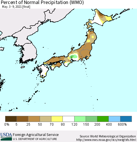 Japan Percent of Normal Precipitation (WMO) Thematic Map For 5/3/2021 - 5/9/2021