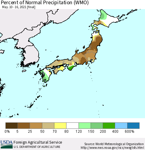 Japan Percent of Normal Precipitation (WMO) Thematic Map For 5/10/2021 - 5/16/2021