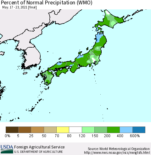 Japan Percent of Normal Precipitation (WMO) Thematic Map For 5/17/2021 - 5/23/2021