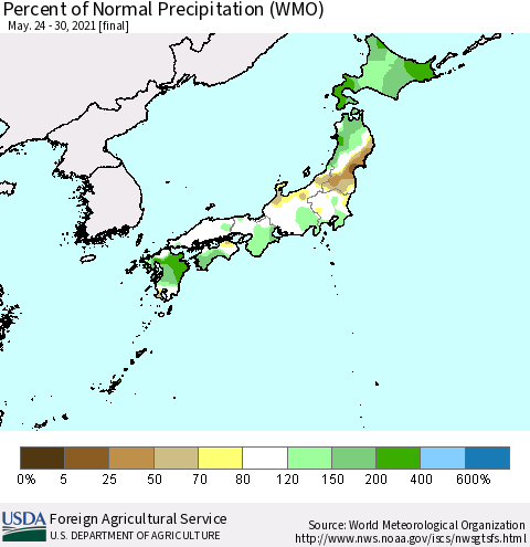 Japan Percent of Normal Precipitation (WMO) Thematic Map For 5/24/2021 - 5/30/2021