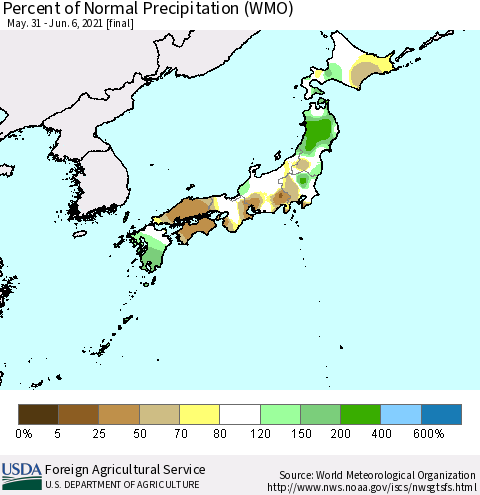 Japan Percent of Normal Precipitation (WMO) Thematic Map For 5/31/2021 - 6/6/2021