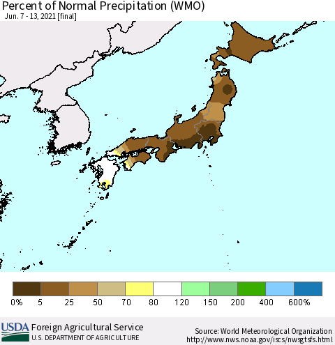 Japan Percent of Normal Precipitation (WMO) Thematic Map For 6/7/2021 - 6/13/2021
