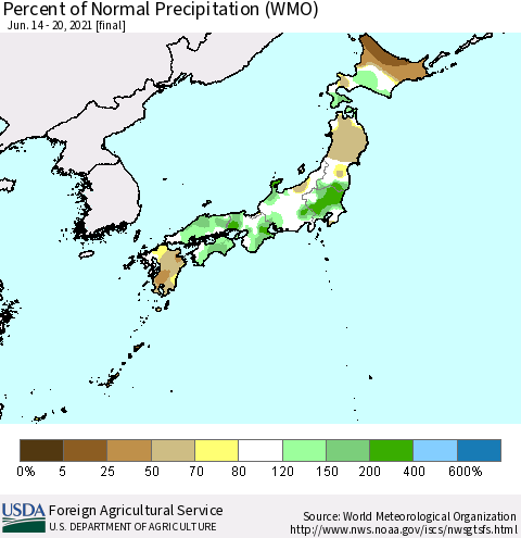 Japan Percent of Normal Precipitation (WMO) Thematic Map For 6/14/2021 - 6/20/2021