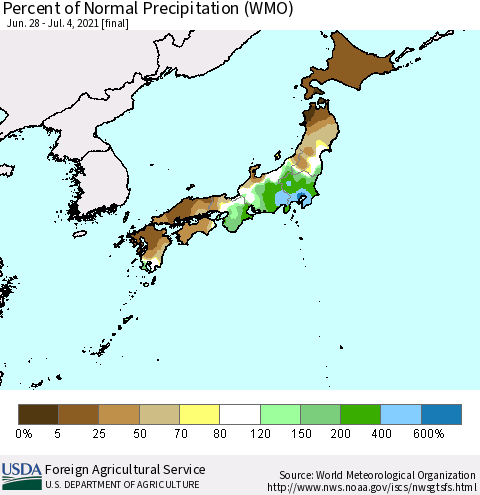 Japan Percent of Normal Precipitation (WMO) Thematic Map For 6/28/2021 - 7/4/2021