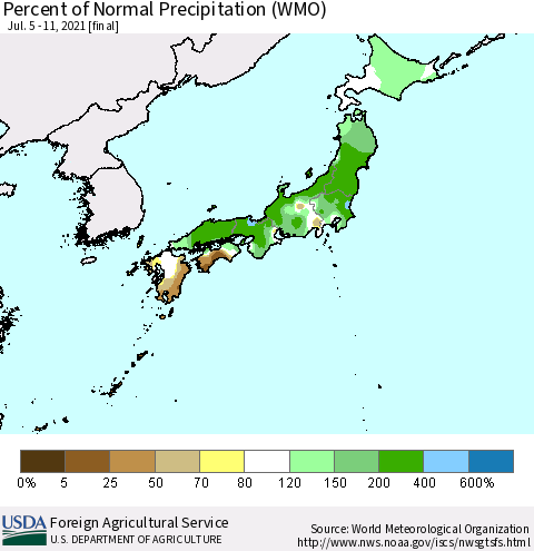 Japan Percent of Normal Precipitation (WMO) Thematic Map For 7/5/2021 - 7/11/2021