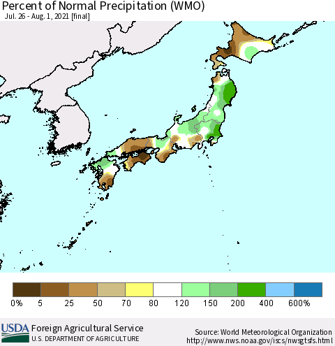 Japan Percent of Normal Precipitation (WMO) Thematic Map For 7/26/2021 - 8/1/2021