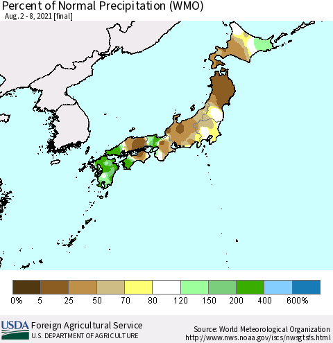 Japan Percent of Normal Precipitation (WMO) Thematic Map For 8/2/2021 - 8/8/2021