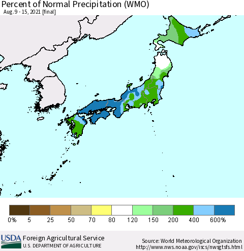 Japan Percent of Normal Precipitation (WMO) Thematic Map For 8/9/2021 - 8/15/2021