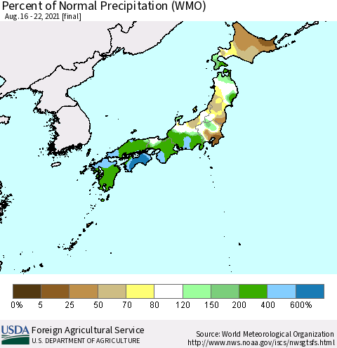Japan Percent of Normal Precipitation (WMO) Thematic Map For 8/16/2021 - 8/22/2021