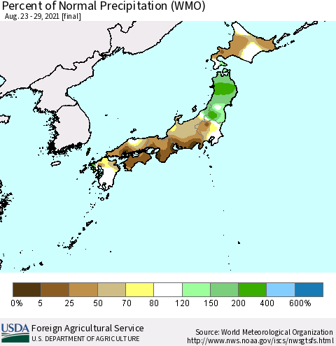 Japan Percent of Normal Precipitation (WMO) Thematic Map For 8/23/2021 - 8/29/2021