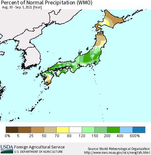 Japan Percent of Normal Precipitation (WMO) Thematic Map For 8/30/2021 - 9/5/2021