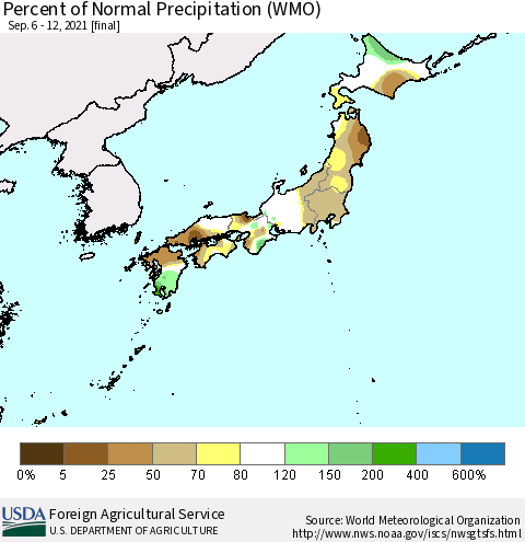 Japan Percent of Normal Precipitation (WMO) Thematic Map For 9/6/2021 - 9/12/2021