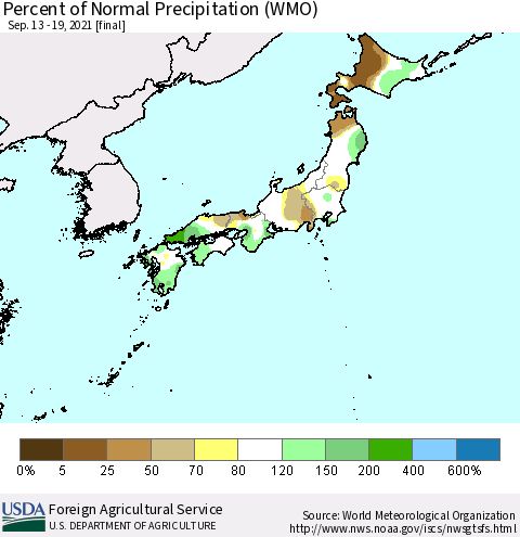 Japan Percent of Normal Precipitation (WMO) Thematic Map For 9/13/2021 - 9/19/2021
