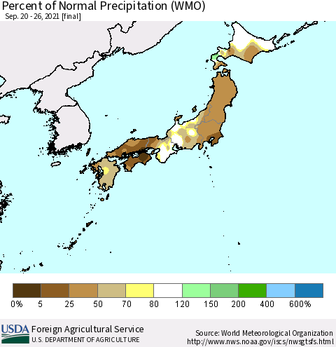 Japan Percent of Normal Precipitation (WMO) Thematic Map For 9/20/2021 - 9/26/2021