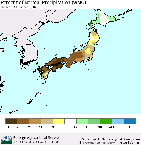 Japan Percent of Normal Precipitation (WMO) Thematic Map For 9/27/2021 - 10/3/2021