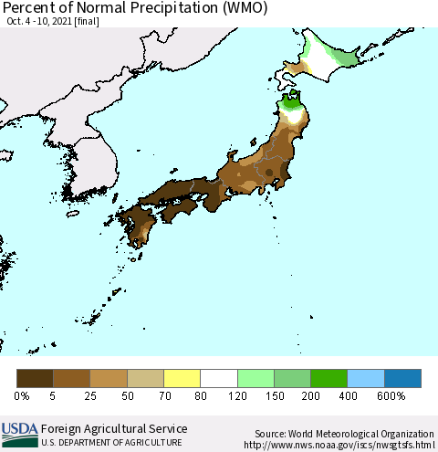 Japan Percent of Normal Precipitation (WMO) Thematic Map For 10/4/2021 - 10/10/2021