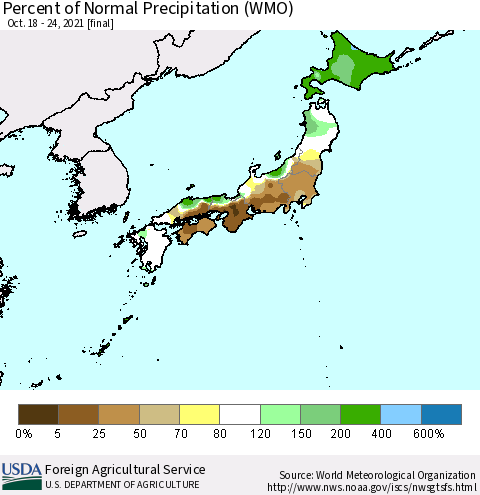 Japan Percent of Normal Precipitation (WMO) Thematic Map For 10/18/2021 - 10/24/2021
