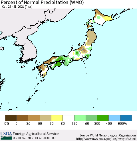 Japan Percent of Normal Precipitation (WMO) Thematic Map For 10/25/2021 - 10/31/2021