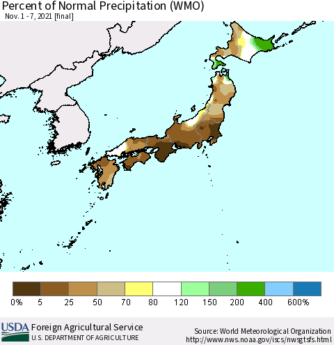 Japan Percent of Normal Precipitation (WMO) Thematic Map For 11/1/2021 - 11/7/2021