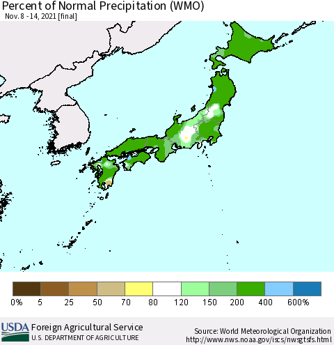 Japan Percent of Normal Precipitation (WMO) Thematic Map For 11/8/2021 - 11/14/2021