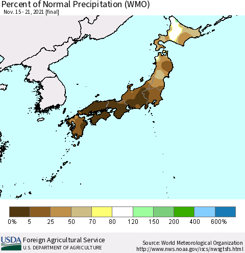 Japan Percent of Normal Precipitation (WMO) Thematic Map For 11/15/2021 - 11/21/2021