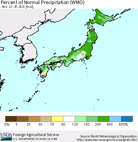 Japan Percent of Normal Precipitation (WMO) Thematic Map For 11/22/2021 - 11/28/2021