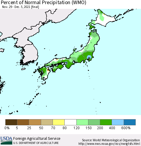 Japan Percent of Normal Precipitation (WMO) Thematic Map For 11/29/2021 - 12/5/2021