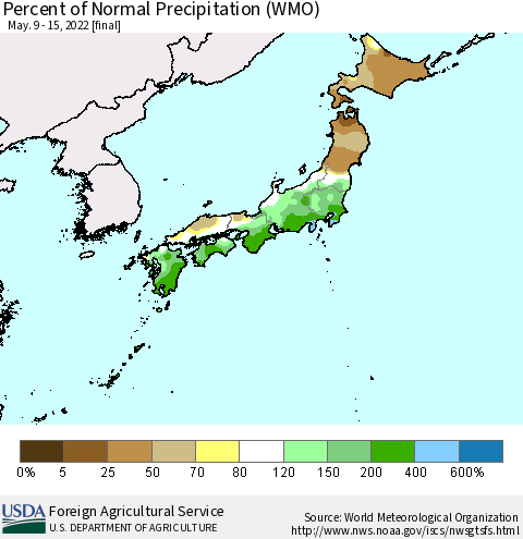 Japan Percent of Normal Precipitation (WMO) Thematic Map For 5/9/2022 - 5/15/2022