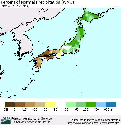 Japan Percent of Normal Precipitation (WMO) Thematic Map For 5/23/2022 - 5/29/2022