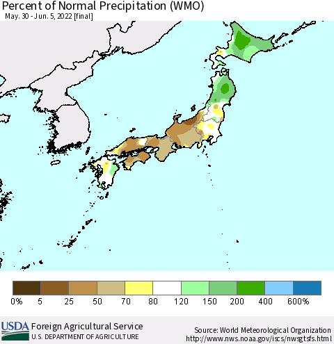 Japan Percent of Normal Precipitation (WMO) Thematic Map For 5/30/2022 - 6/5/2022