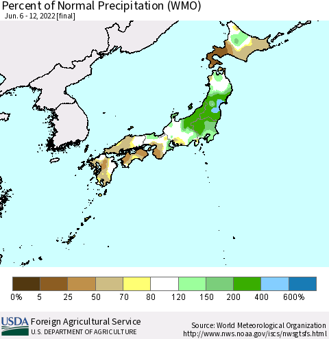 Japan Percent of Normal Precipitation (WMO) Thematic Map For 6/6/2022 - 6/12/2022